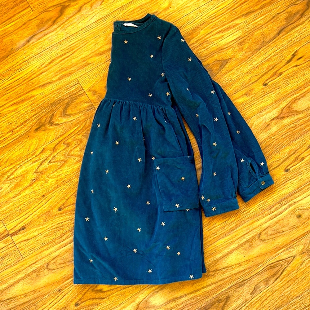 Classic corduroy dress in a beautiful blue with gold stars.